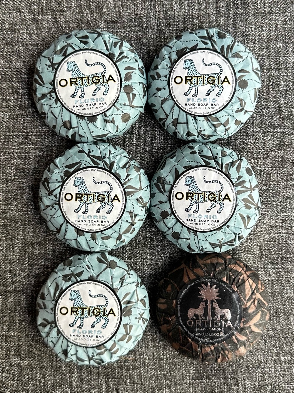 NEW ORTIGIA Florio Hand Soap Bar & Ambra Nera Bundle of 6 Italy 45g / 1.6oz